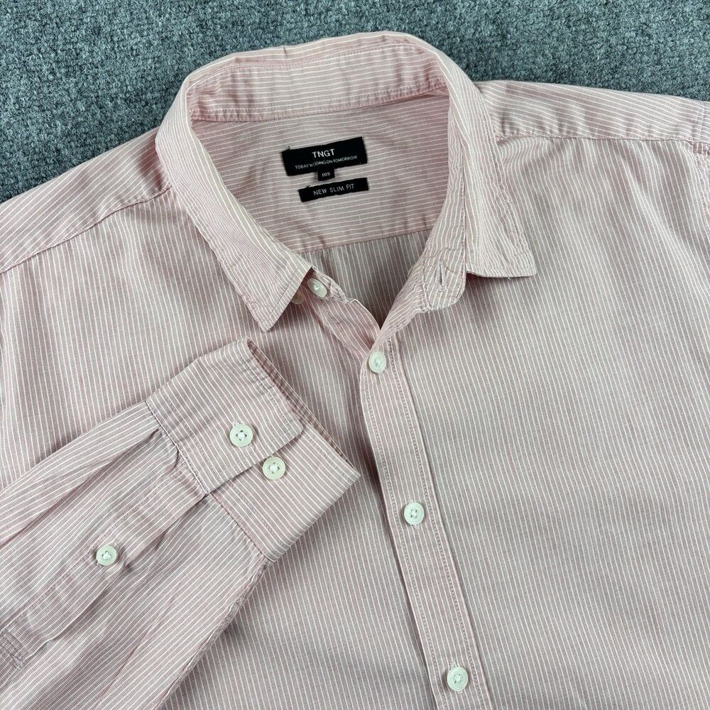 TNGT Shirt Mens 105 US L Pink White Stripe Slim Fit Cotton Indonesia